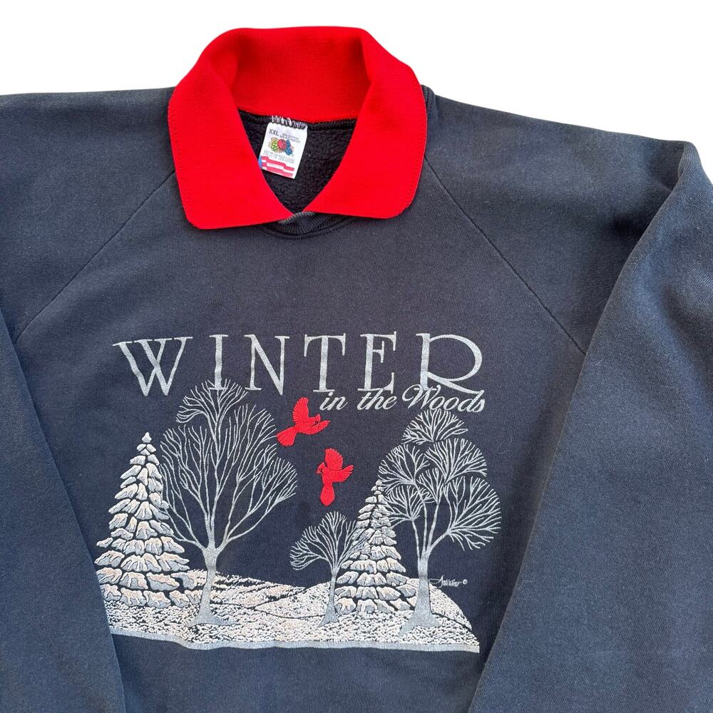 Vtg 90s Women’s Grey Red Winter in the Woods Collared Sweatshirt Crewneck Sz XXL